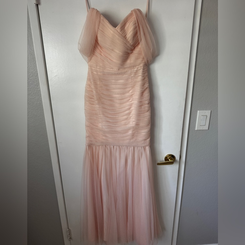 Amsale Tulle Ruched Mermaid Dress in Bellini (pink)